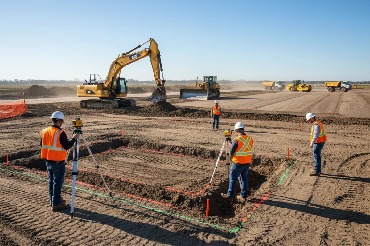 Excavation jobsite crew working wide photo