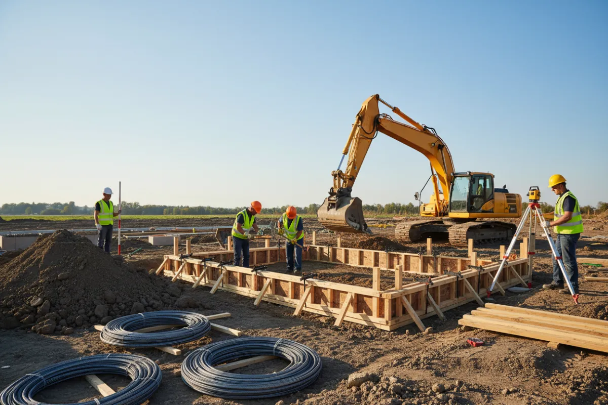 Foundation construction team inspecting site work