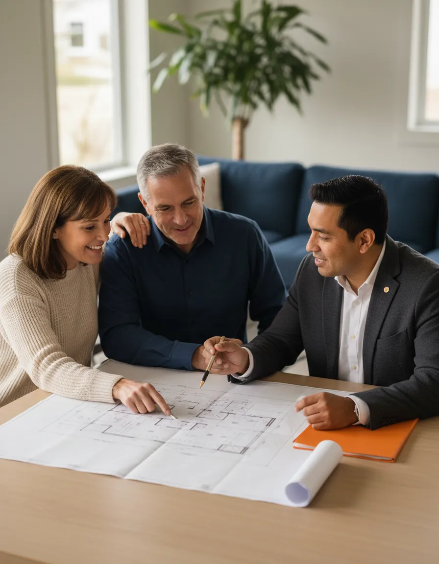 Homeowners reviewing construction plans with a licensed contractor from Oasis Builders Co.