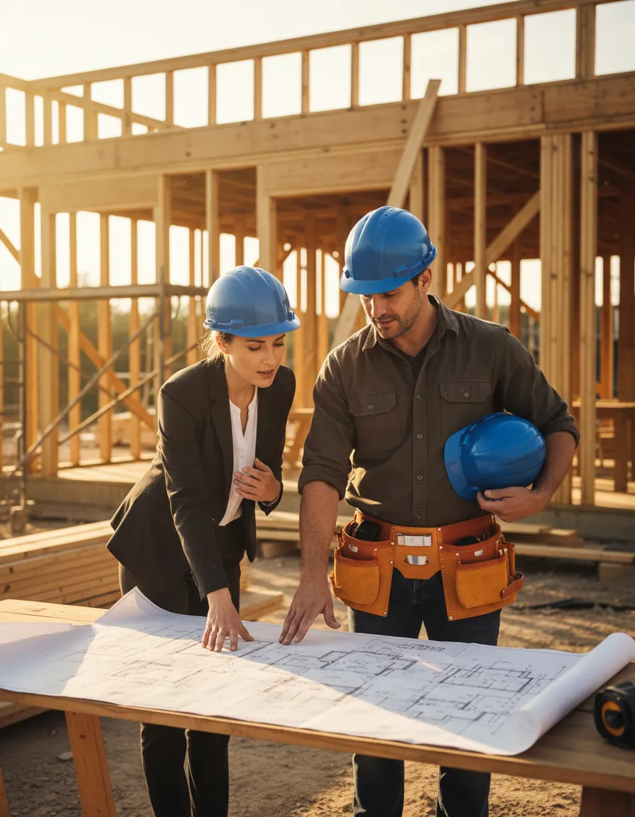 Contractor reviewing framing blueprints on site