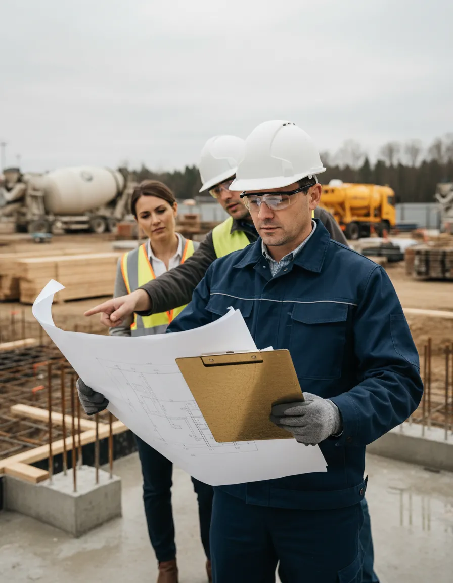 Contractor reviewing foundation plans