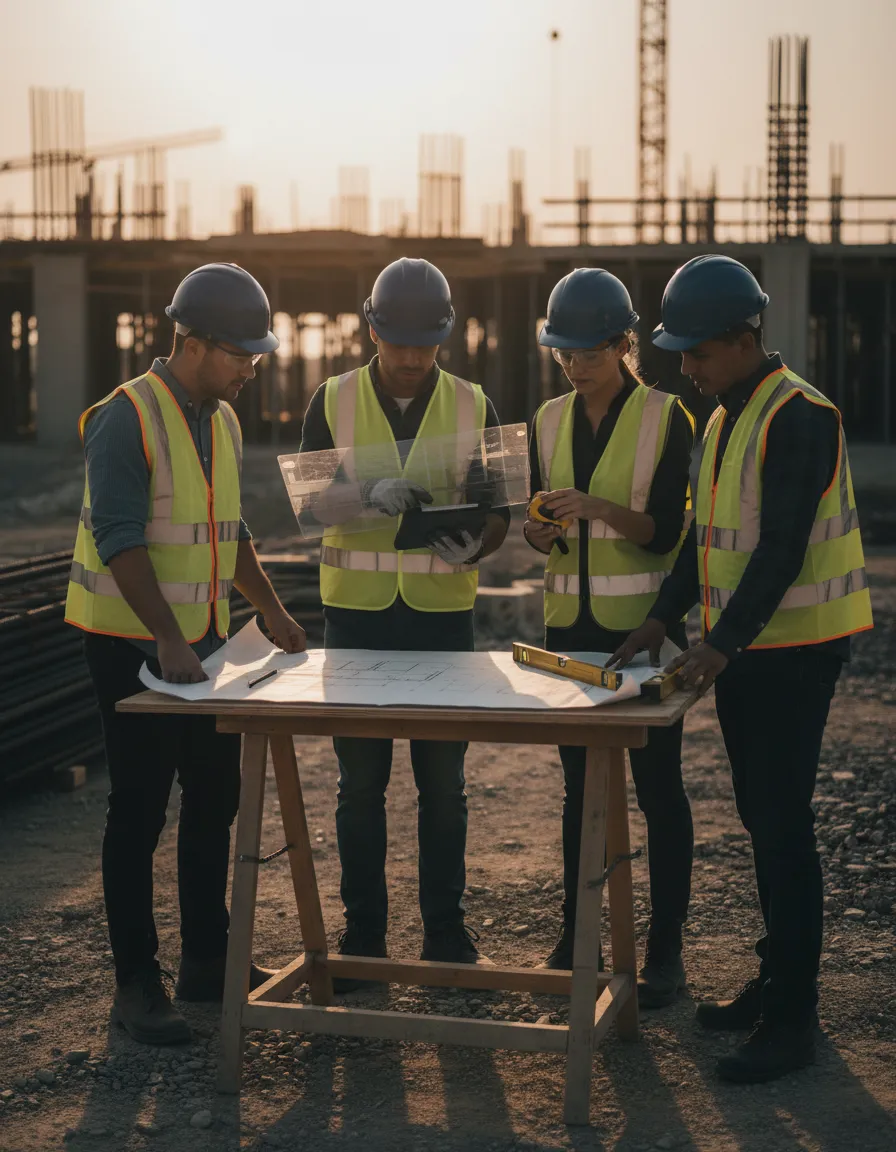 Construction professionals reviewing site plans on site