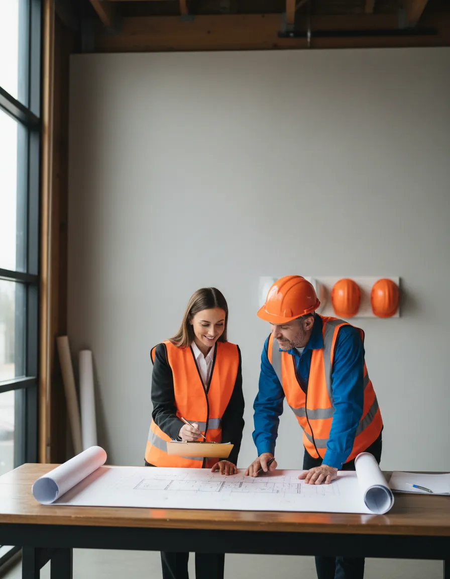 Business owner meeting with construction manager reviewing commercial plans