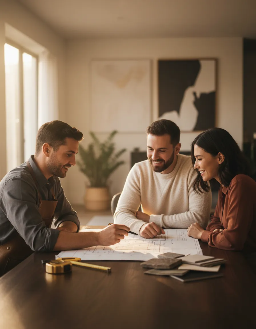 Homeowners meeting with contractor to review remodeling plans