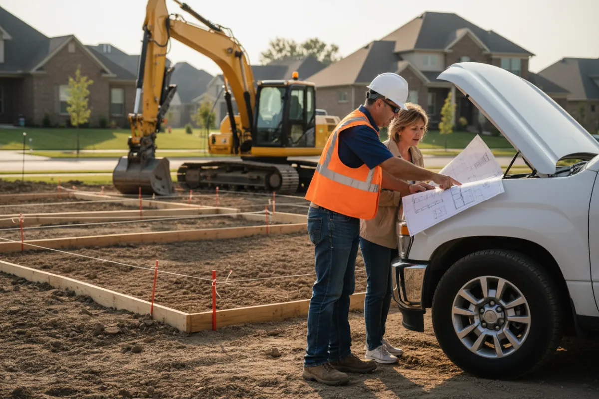 Contractor meeting client and reviewing excavation plans on site