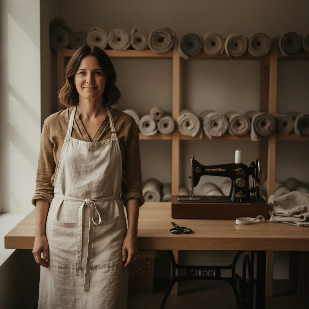 Founder of LinenCraft Studio in a studio surrounded by linen fabric and sewing tools
