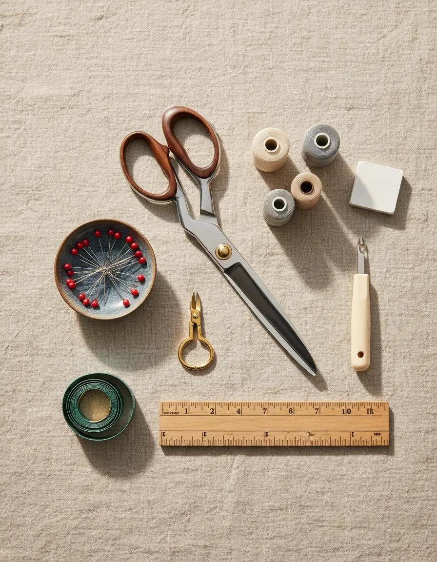 Curated sewing essentials neatly arranged on a linen background