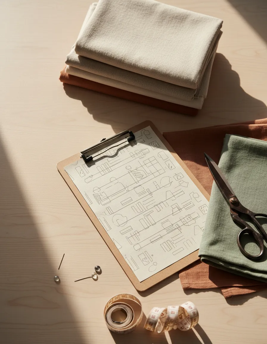 Printed linen checklist mockup on a sewing table with folded linen and shears