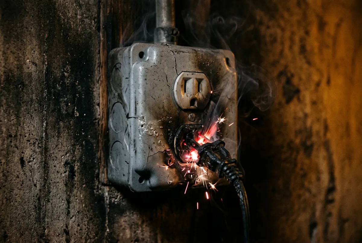 Scorched outlet and burnt wiring inspected by a specialist technician