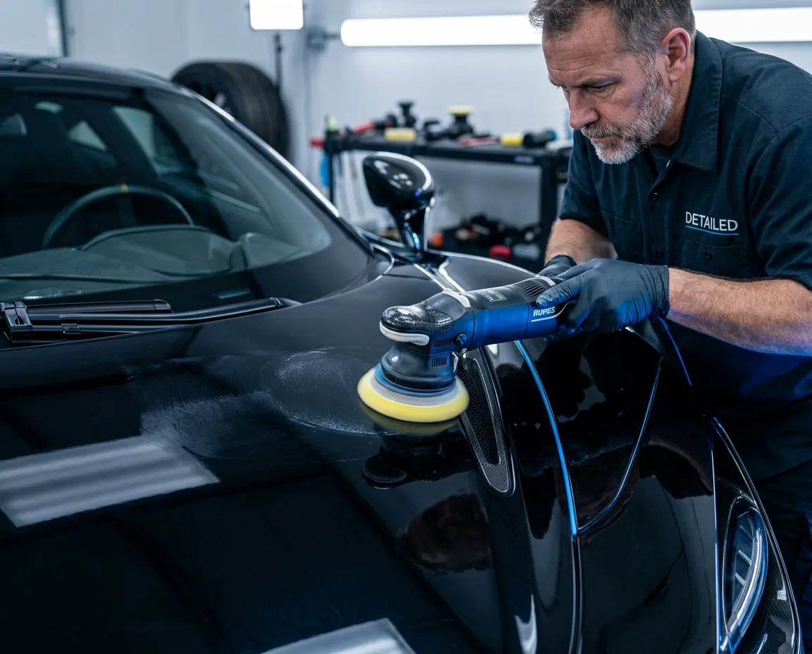 Master detailer executing precise dual-action paint correction under high-output inspection lights on a high-end sports car