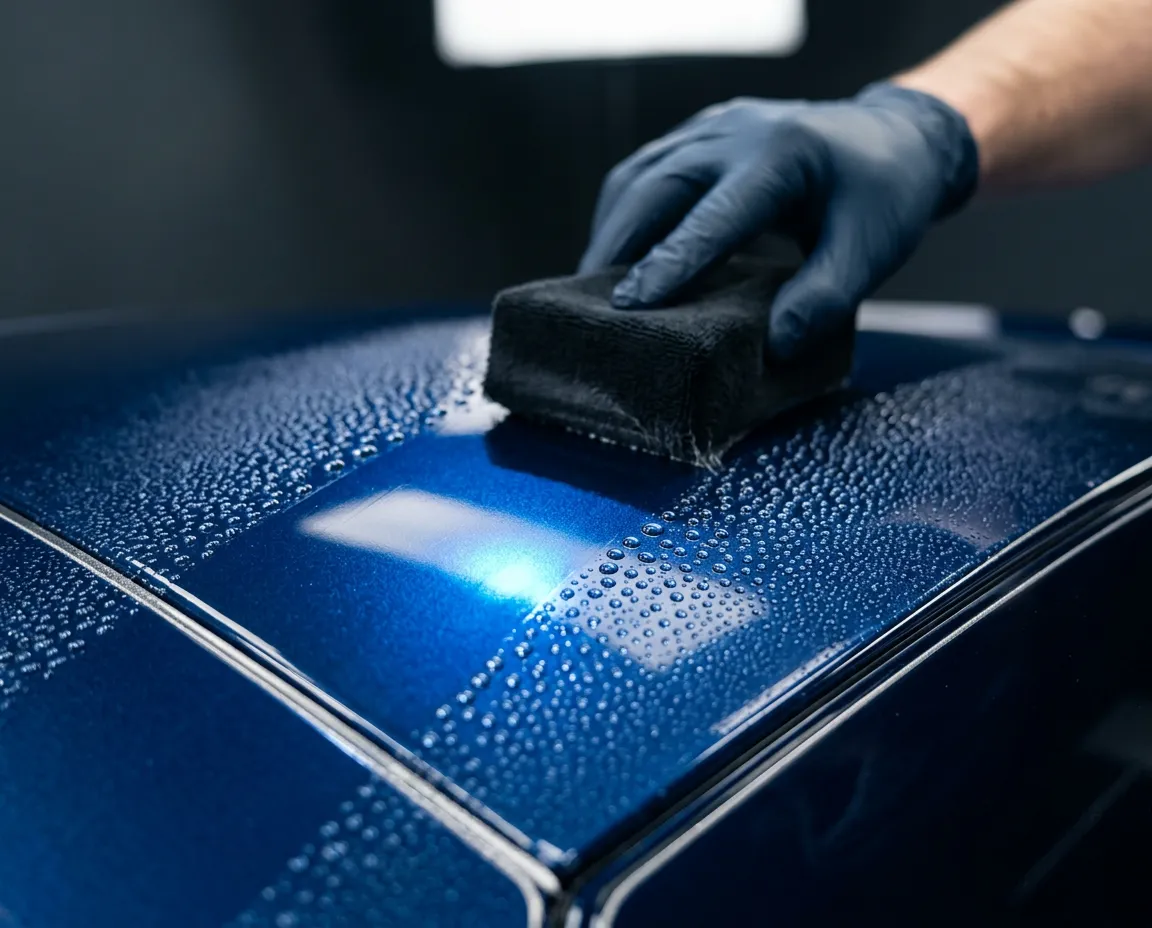 Macro view of ceramic coating application leveling out to create a deep liquid gloss mirror finish