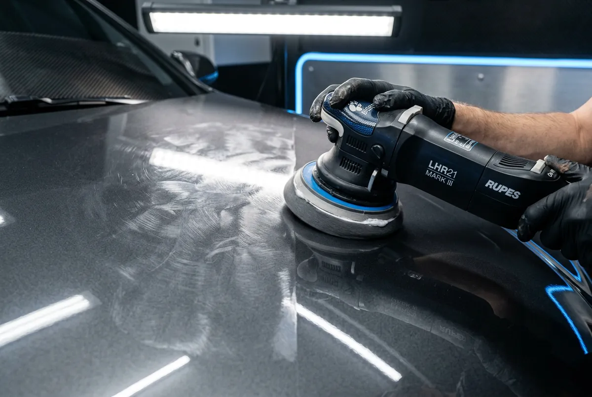 Machine dual-action rotary polisher executing paint correction swirl removal under LED inspection