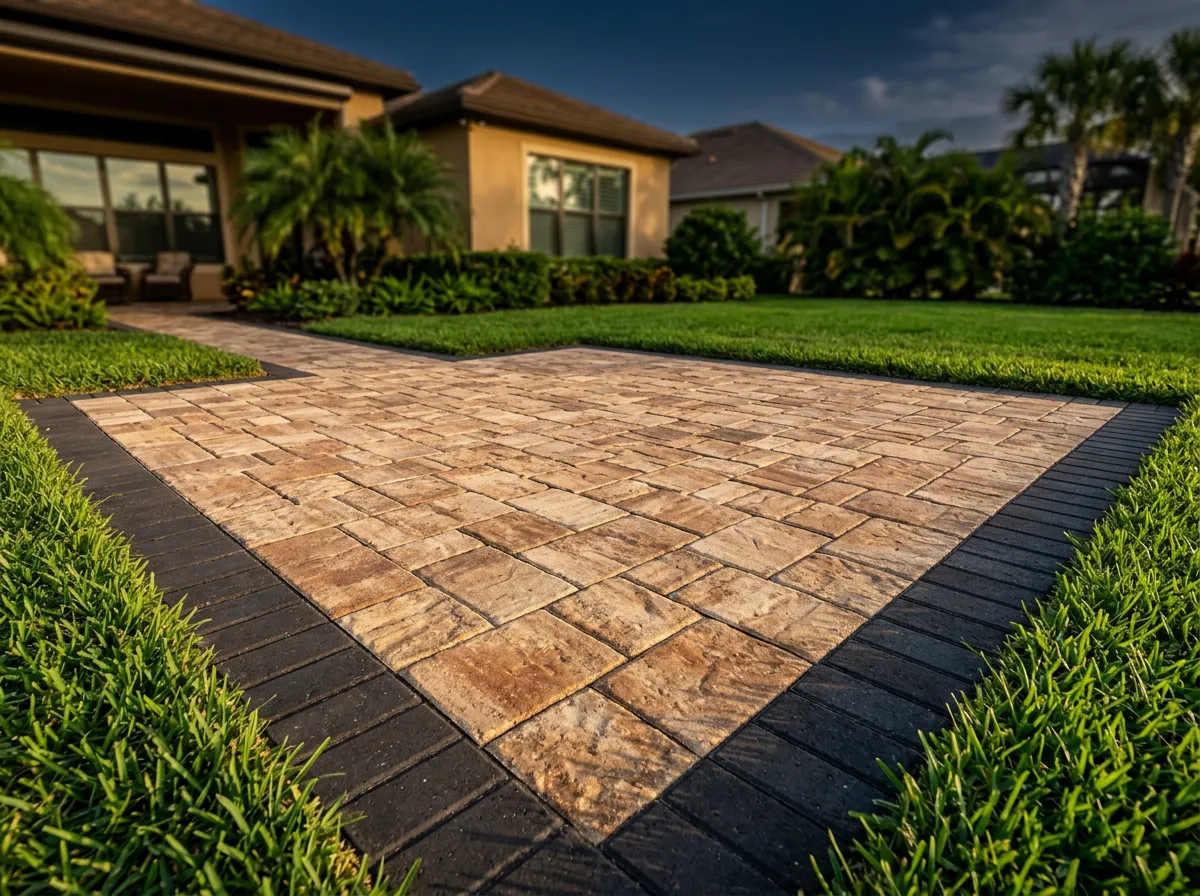 Lush custom paver patio and walkway installation with premium architectural borders
