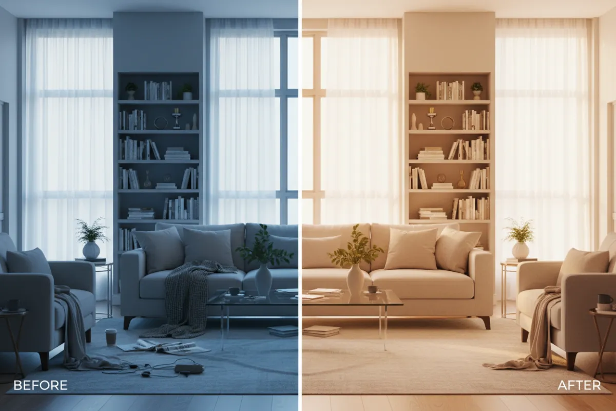 Consultant pointing to a digital floor plan on a tablet, natural studio lighting, calm muted tones, shows service in action to convey professional remote review and practical recommendations.