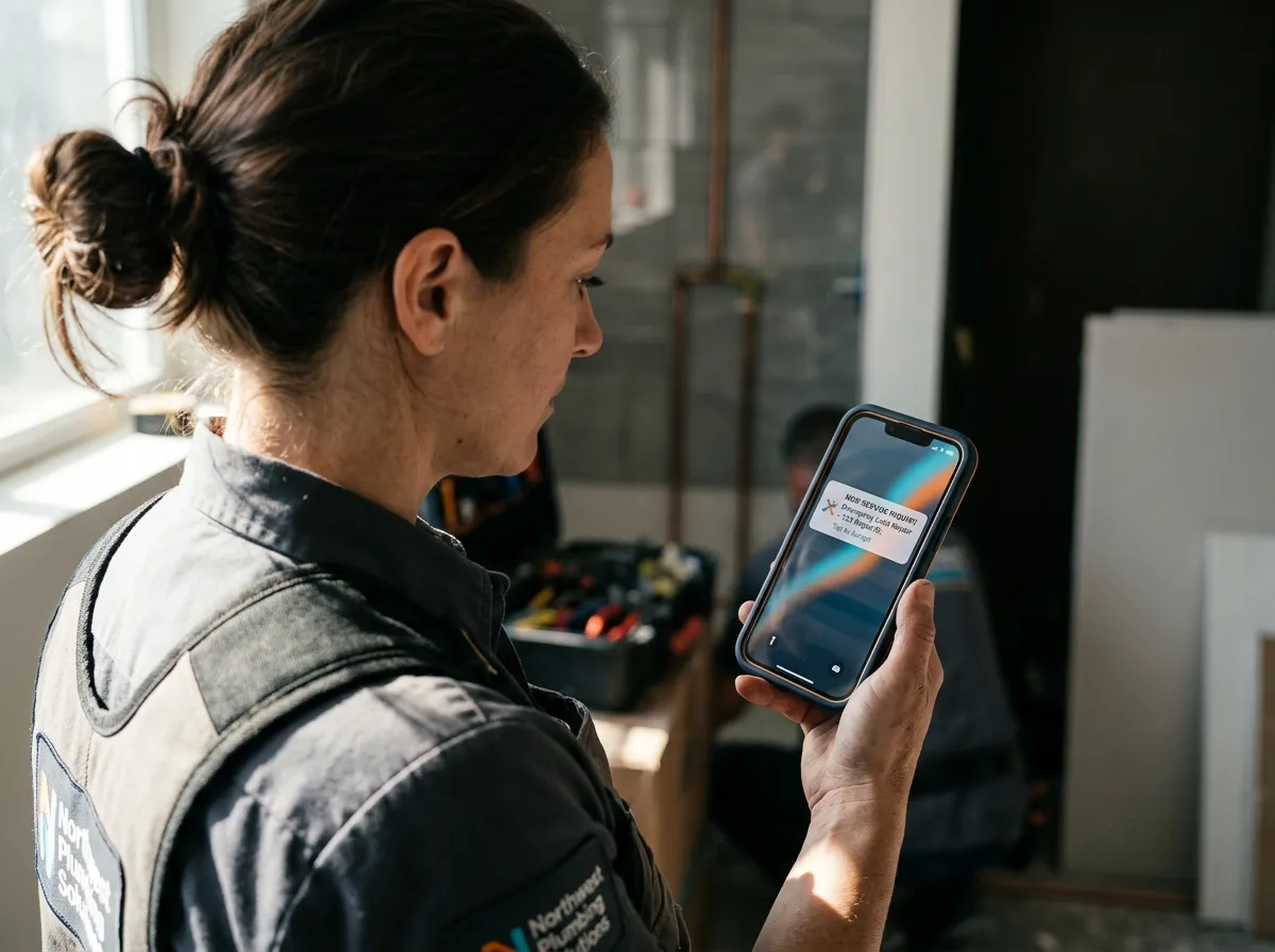 HVAC service technician on an active job site verifying customer details on mobile device