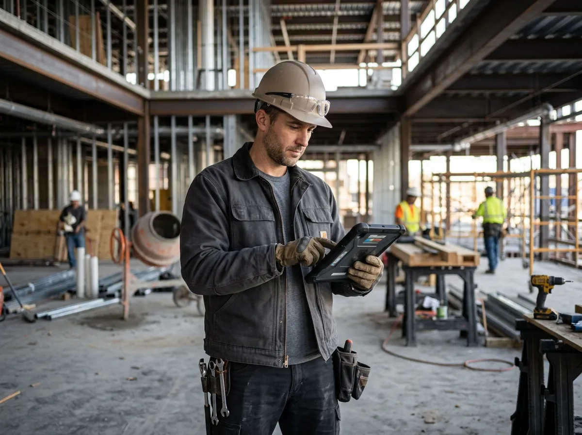 Contractor using a phone or tablet on a job site (no charts, no dollar amounts, no numbers)