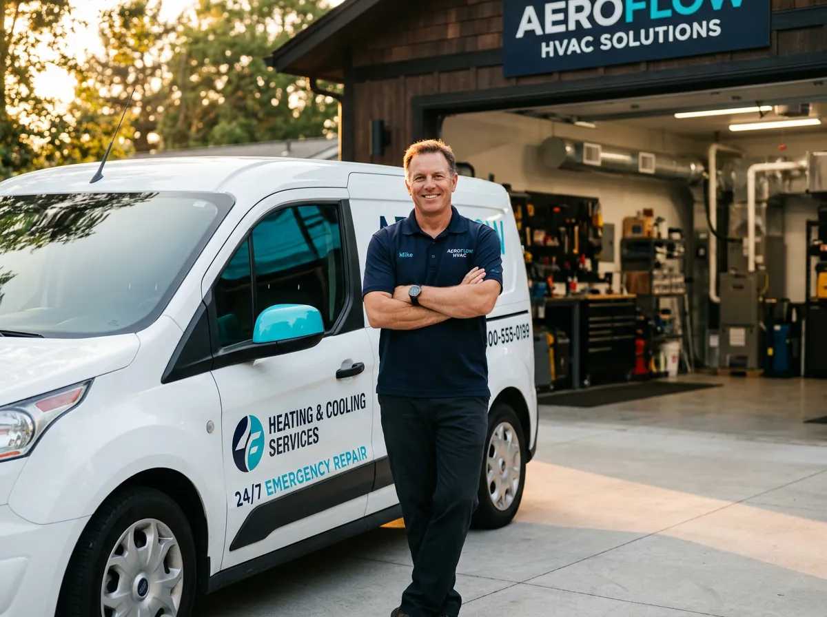 Confident trade business owner smiling beside service truck in front of organized workshop
