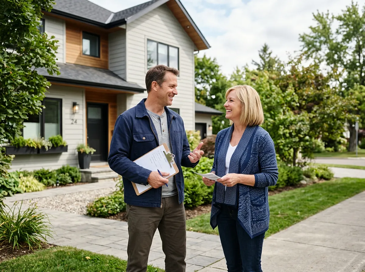 Unbranded contractor speaking with a homeowner (no logos or company names)
