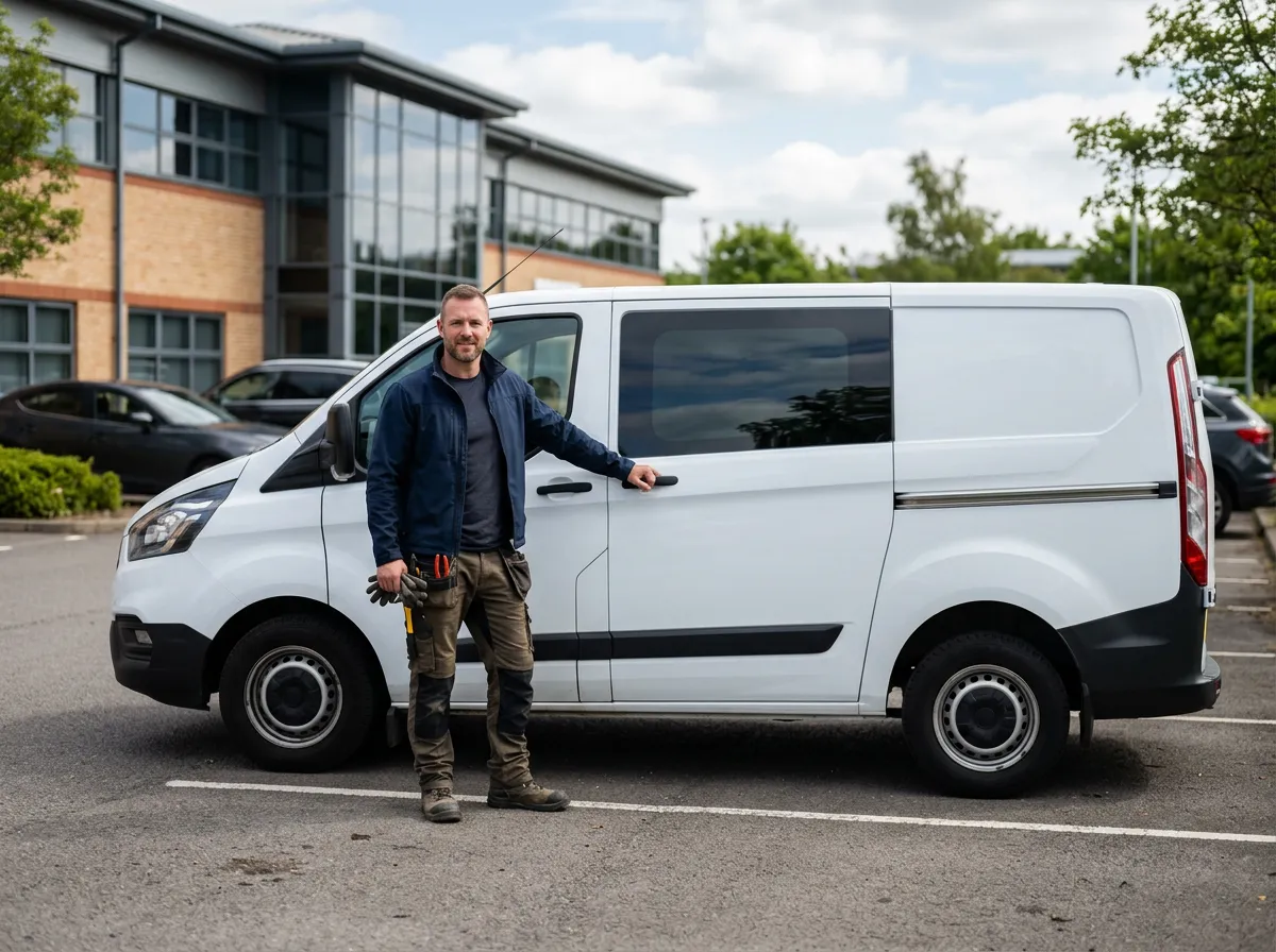 Unbranded contractor next to a generic service vehicle (no company names, logos, or phone numbers)