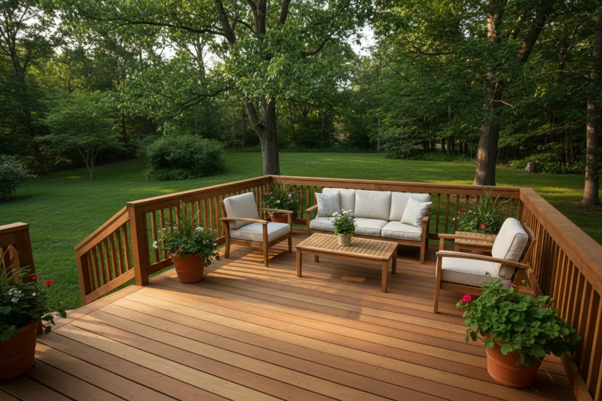 A residential backyard deck addition with wood railing, outdoor furniture, and potted plants. The deck overlooks a lush green yard, bathed in afternoon sunlight. The scene is tranquil and inviting, showcasing quality construction and thoughtful design.