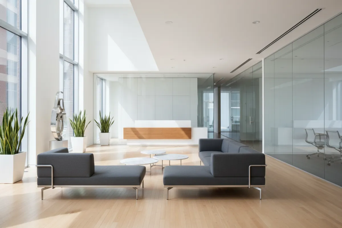 A commercial office lobby remodel featuring new hardwood floors, glass partitions, and modern seating. The area is empty, filled with natural light, and exudes a professional, welcoming atmosphere. The design is sleek and functional, ideal for business environments.