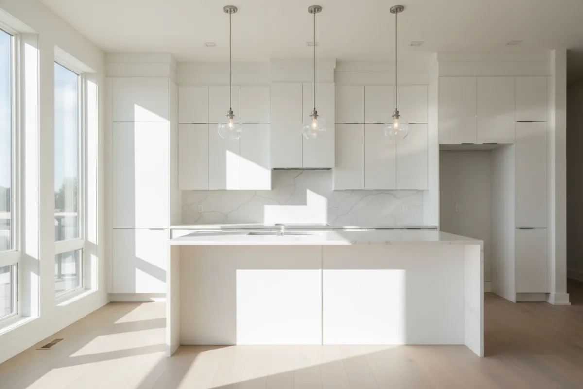 A modern kitchen renovation with white cabinetry, quartz countertops, and pendant lighting. Sunlight streams through large windows, highlighting the clean lines and open layout. The space is empty, emphasizing the craftsmanship and attention to detail in the finished project.
