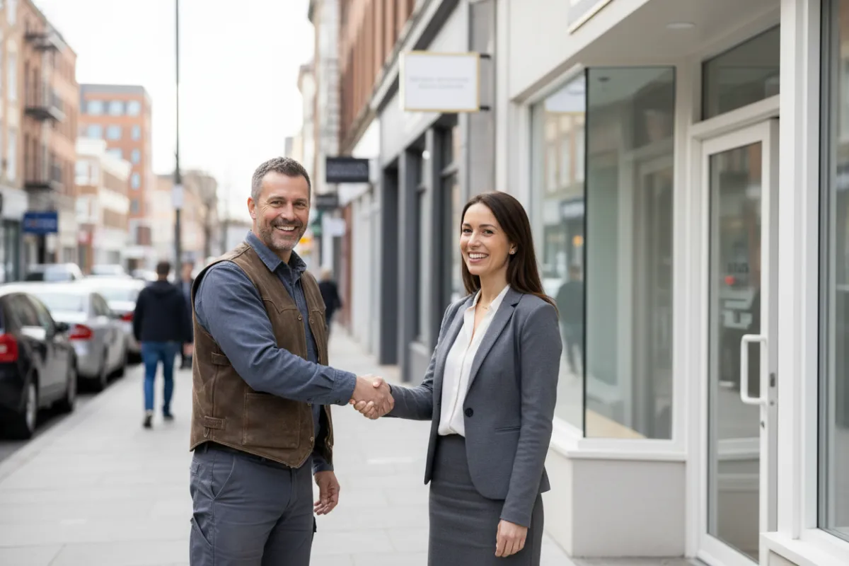 Owner of the contractor business shaking hands with a smiling client in front of a recently renovated storefront, both appearing confident and satisfied. Urban setting, natural daylight, authentic interaction.