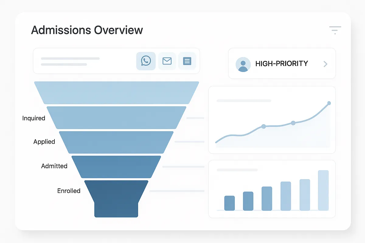 Admissions operations dashboard showing a real-time funnel view with channel filters, conversion graphs, and highlighted high-priority leads.