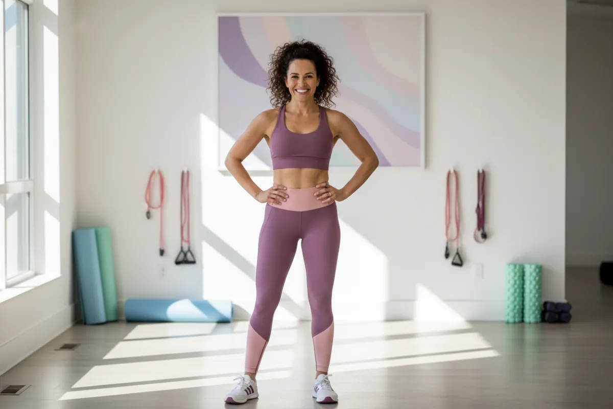Coach Marissa, smiling, in a bright studio, wearing plum and blush activewear, exuding confidence and approachability.