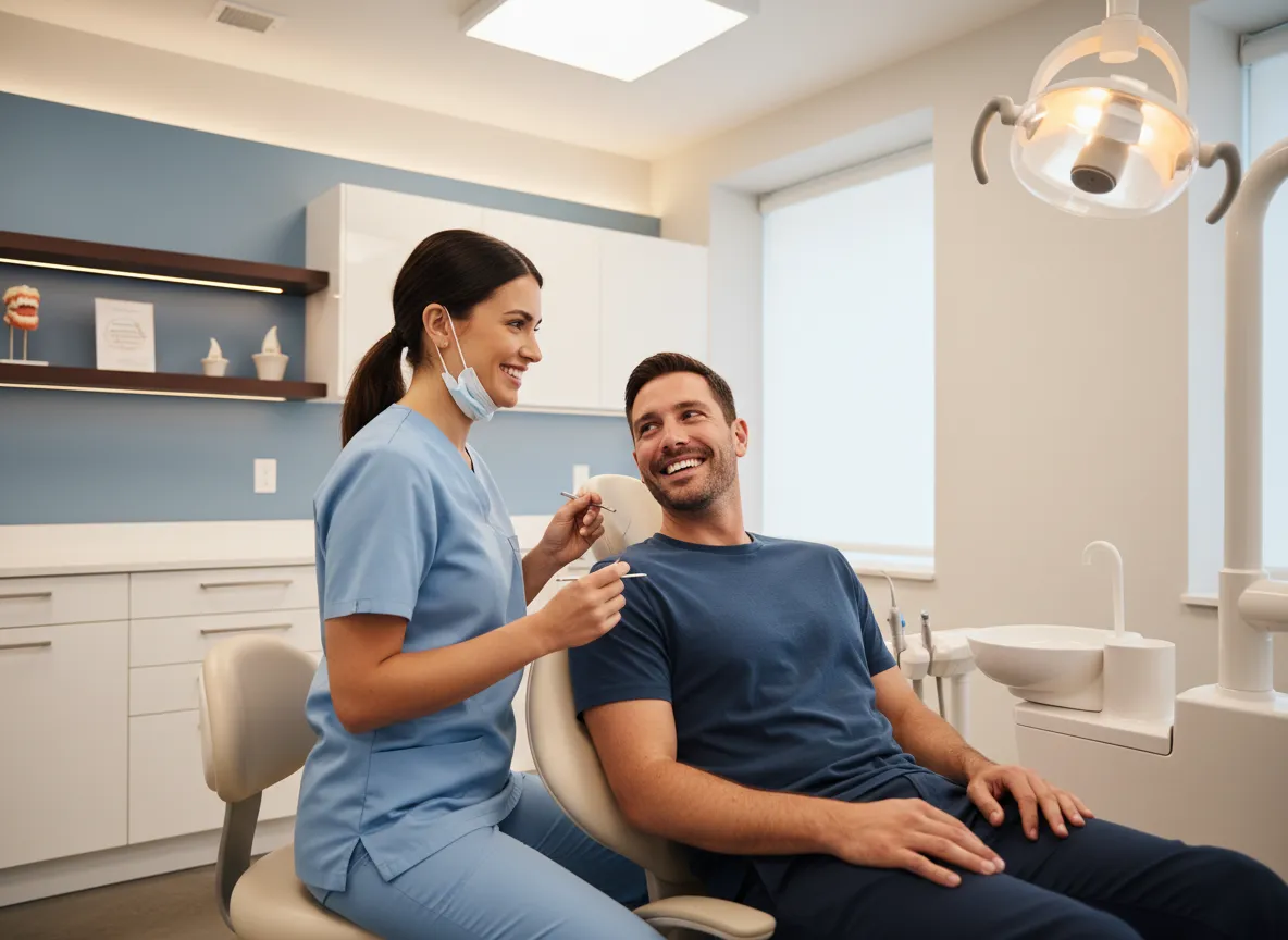 Smiling patient with dentist at BrightSmile Dental Clinic