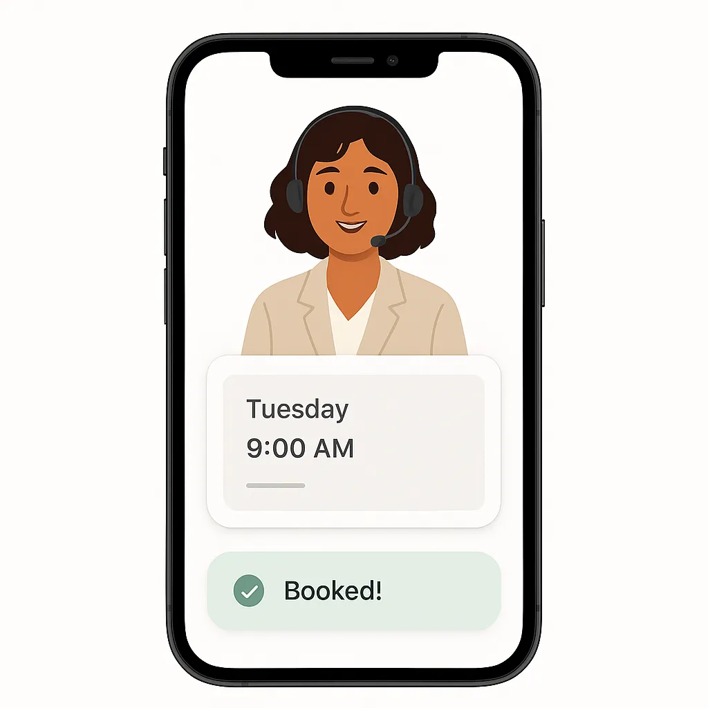 Phone UI showing receptionist workflow with appointment card and confirmation toast