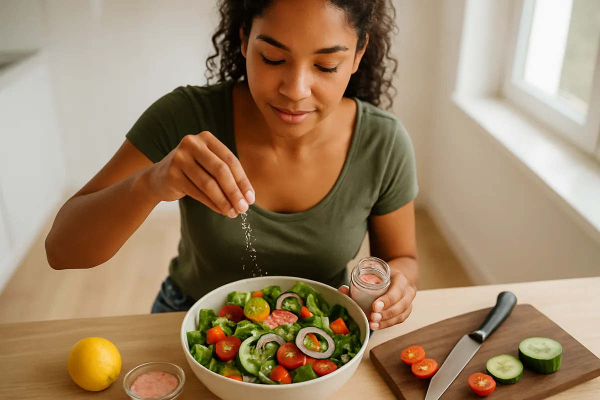 Photorealistic overhead shot of a Brazilian woman sprinkling Himalayan pink salt over a colorful salad in a bright kitchen.