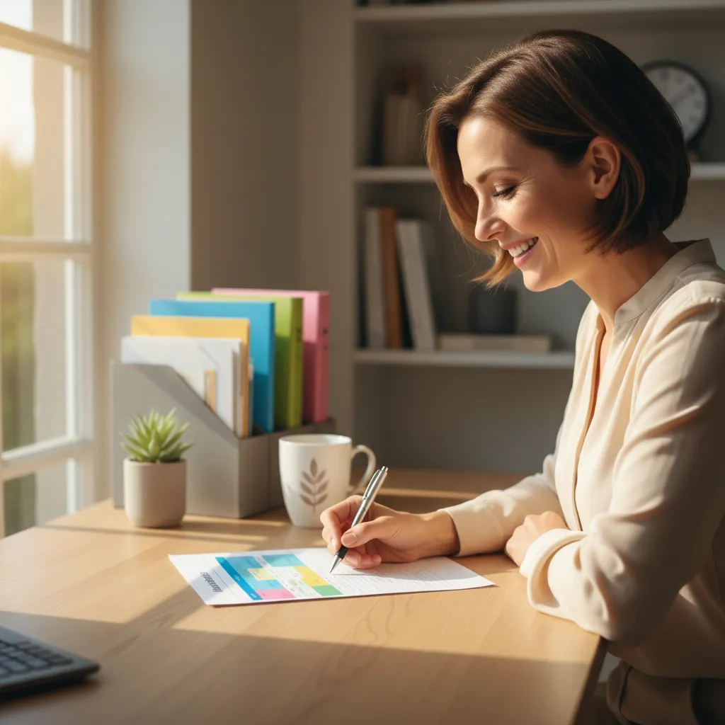 A close-up of a professional woman in her early 40s, smiling as she fills out a colorful budgeting worksheet at a tidy home desk. Sunlight streams through a window, highlighting organized folders, a coffee mug, and a small plant, creating a warm, productive atmosphere.