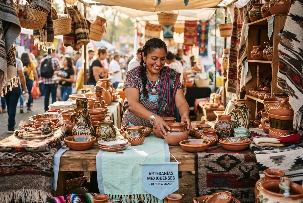 Artesanos mexiquenses exponiendo piezas de barro y textilería en festival cultural