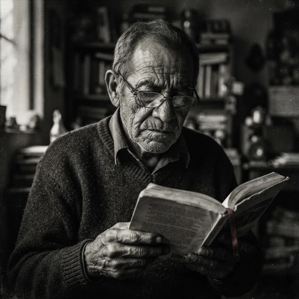 Fotografía en escala de grises de Carlos Villalobos, lector en CDMX