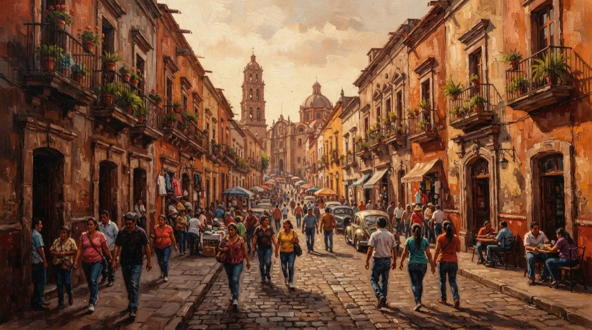 Pintura al óleo del centro histórico de Durango con luz crepuscular