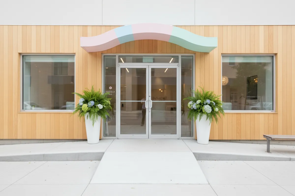 Exterior of Just Nails By Karla salon, featuring a welcoming entrance with large glass doors, pastel signage, and potted plants. The setting is bright and inviting, suggesting easy access for families and professionals.