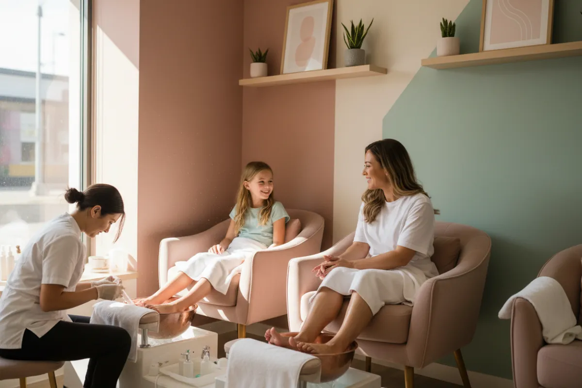Mother and daughter enjoying a combo manicure and pedicure session together in a bright, modern salon. Both are smiling and holding hands, surrounded by soft towels and pastel decor.