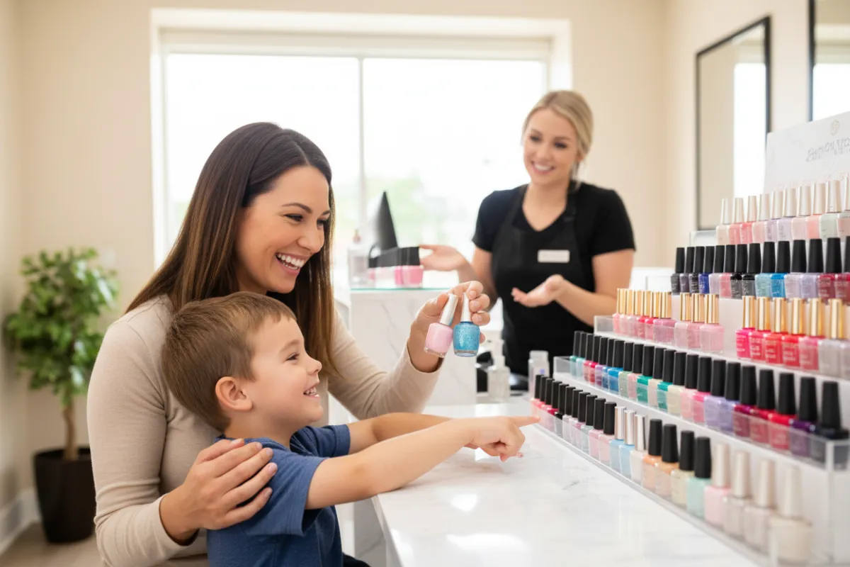 A candid moment of a mother and her young son smiling as they select nail polish colors together at a salon counter. The background features neatly arranged bottles and a welcoming staff member, highlighting a family-friendly, inclusive atmosphere.