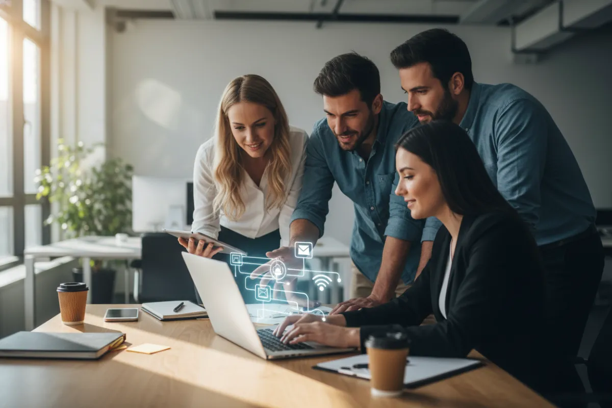 Small sales team in an office huddle working on a laptop