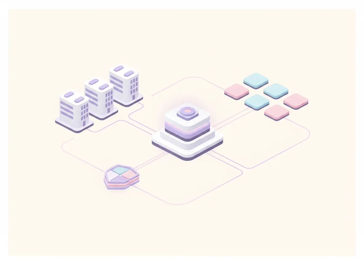 3D digital art diagram of enterprise network architecture with branches, cloud, and security layers