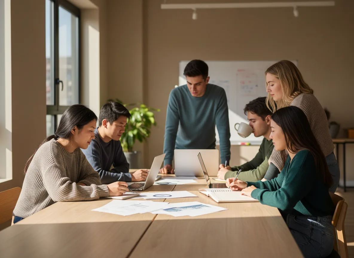 Group of diverse students collaborating with laptops in a bright modern space