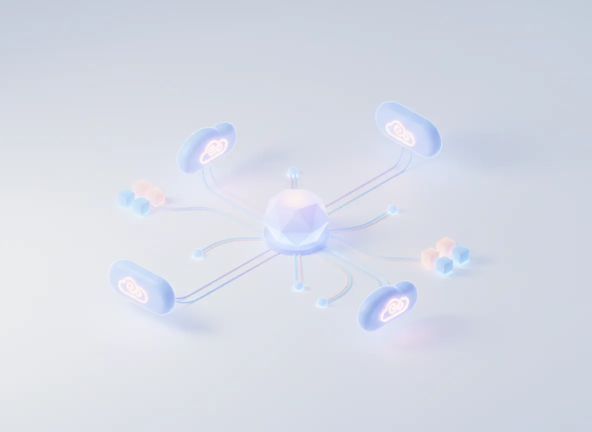3D render of interconnected enterprise network nodes and soft pastel telecom infrastructure