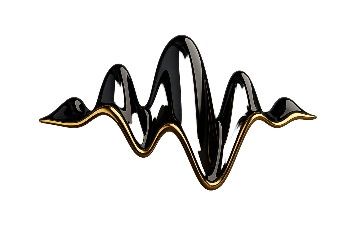 Glossy black and gold abstract voice-wave sculpture, luxury tech aesthetic