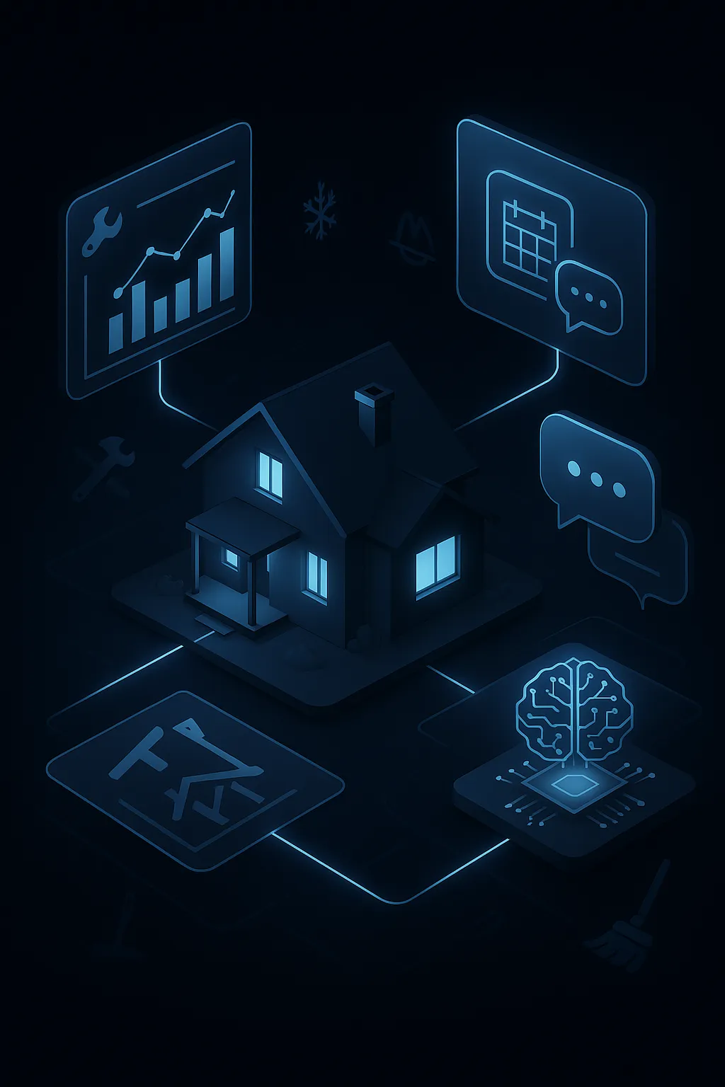 3D isometric dark hero: smart home with plumbing, HVAC, roofing, and cleaning icons; holographic dashboards, booking calendar, chat bubbles, and an AI chip linking to phone/laptop showing leads—AI marketing for home services.