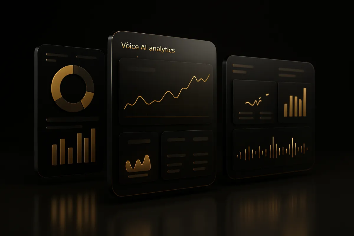 3D dashboard render showing Voice AI analytics with sleek black interface and gold accents