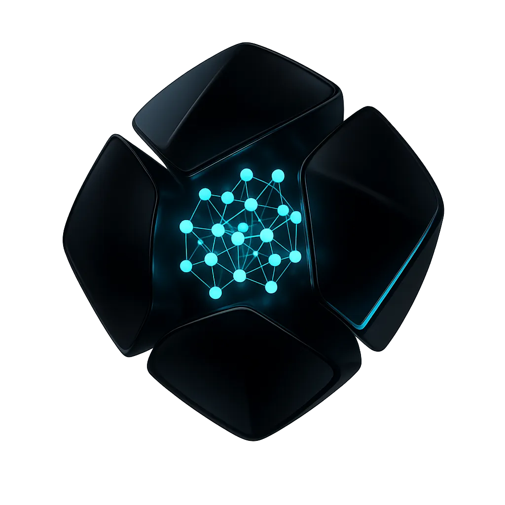 Minimalist futuristic AI neural network visual representation in glowing electric cyan on obsidian surface