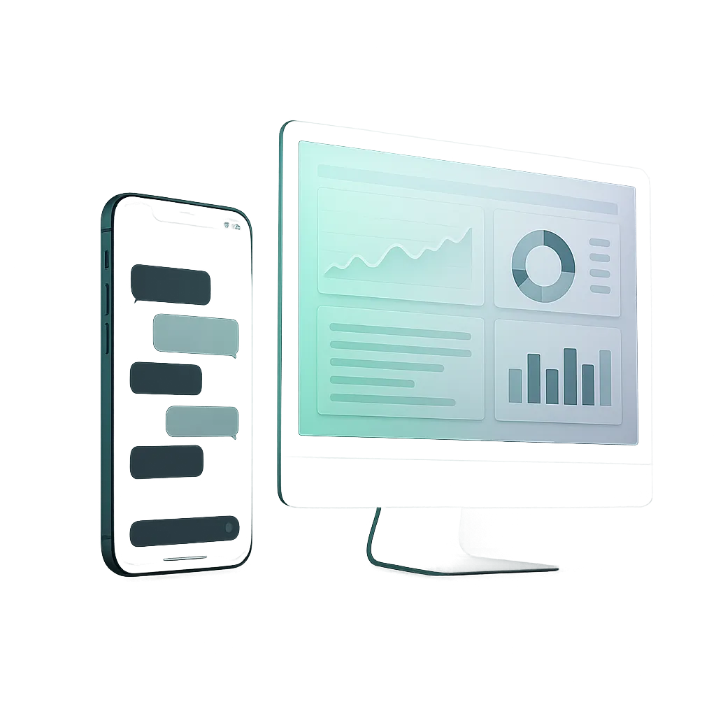 A high-fidelity cutout of a smartphone showing a WhatsApp conversation and a desktop showing a website chat