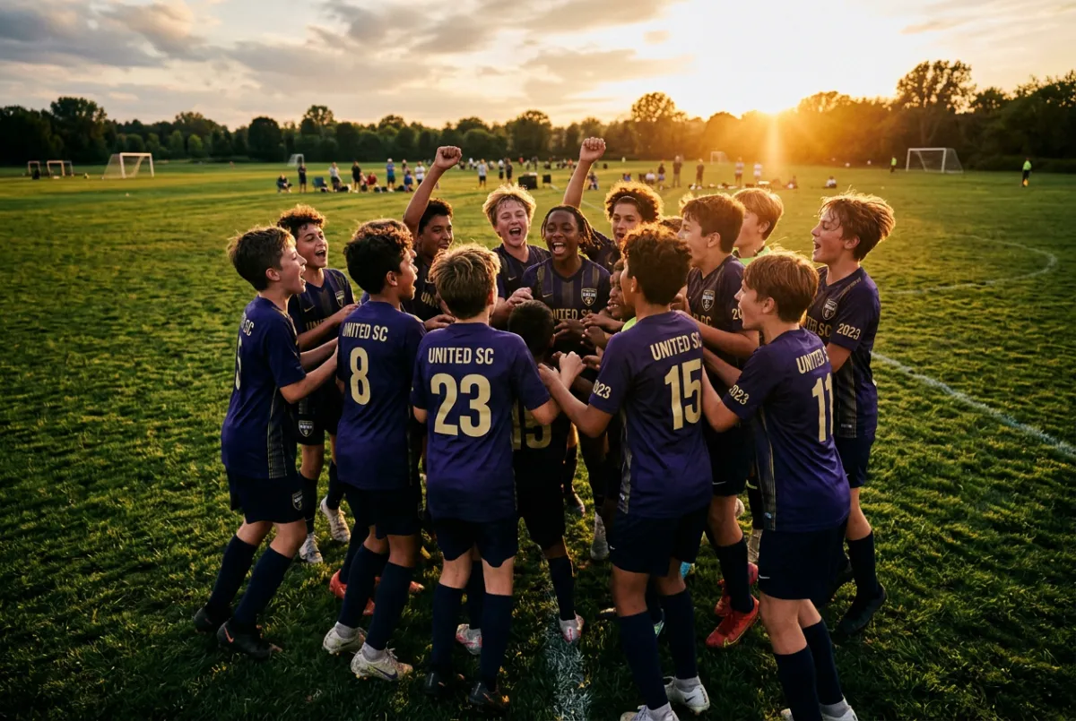 Youth athletic sports team celebrating with coach after a game