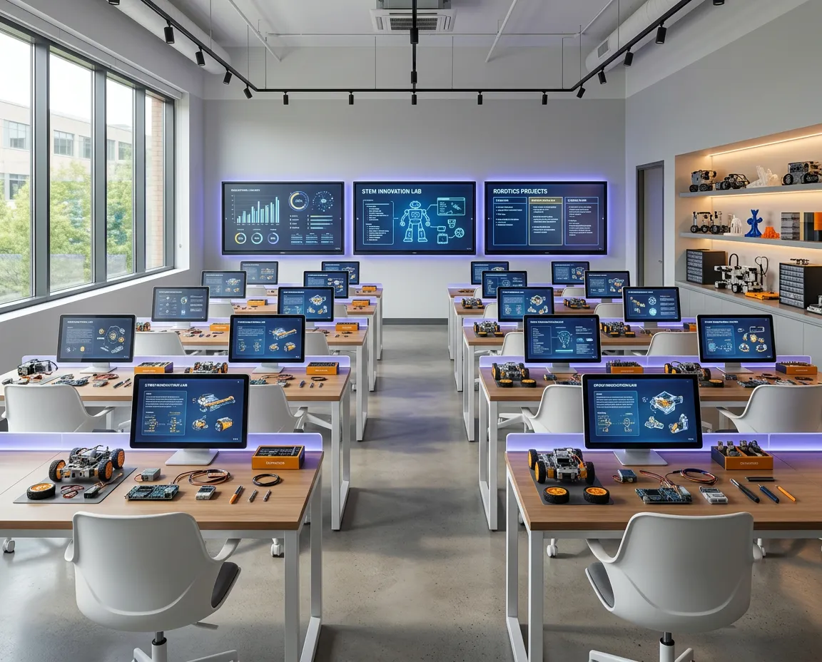 Modernized school classroom with interactive digital boards and robotics kits
